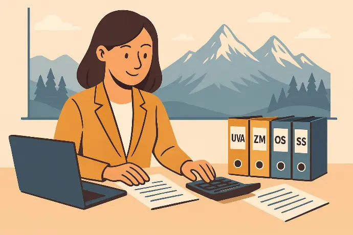 Illustration einer Buchhalterin am Schreibtisch mit Laptop, Taschenrechner und Ordnern für UVA, ZM, OSS und SS vor Bergkulisse