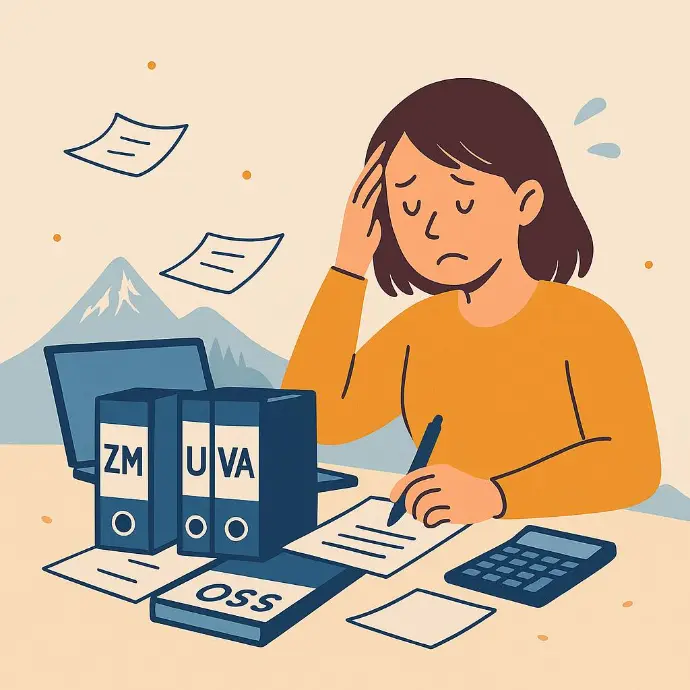 Illustration einer gestressten Person mit ZM-, UVA- und OSS-Unterlagen, fliegenden Belegen und Taschenrechner – Symbolbild für chaotische Buchhaltung"