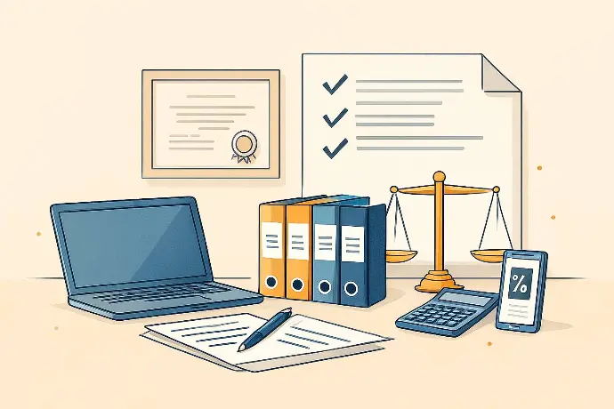 Illustration mit Laptop, Ordnern, Dokumenten, Waage und Taschenrechner – Symbolbild für Buchhaltungsleistungen gemäß BiBuG § 3